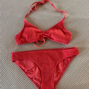 Aerie Crinkle Red Bikini Set in Resort Red Size Small